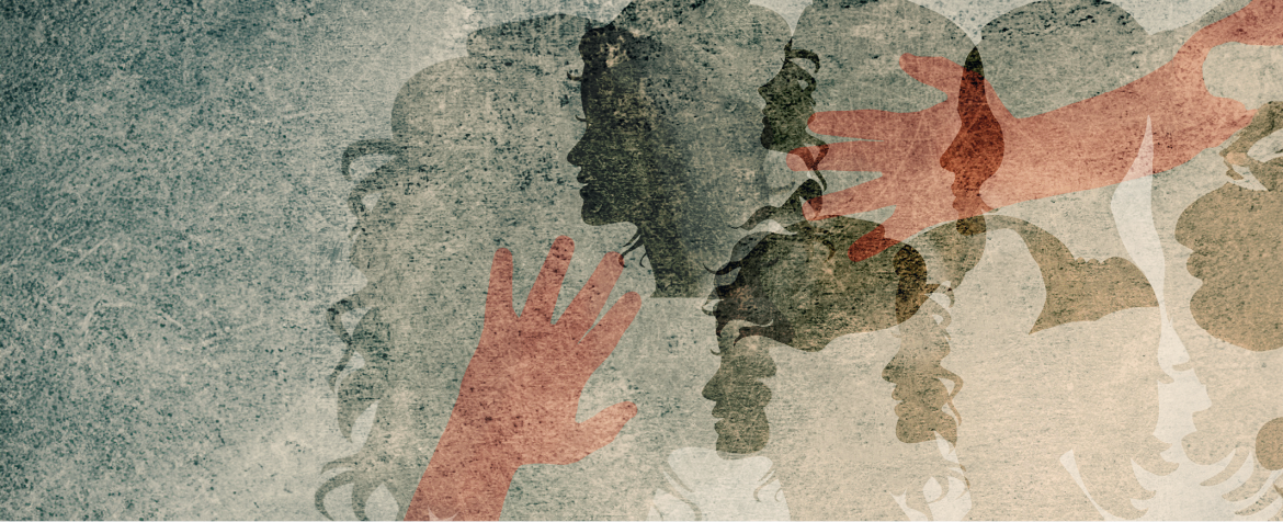 Parete con murales che raffigura donne e due mani rosse