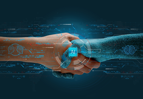 Una mano umana stringe una mano creata dall'intelligenza artificiale